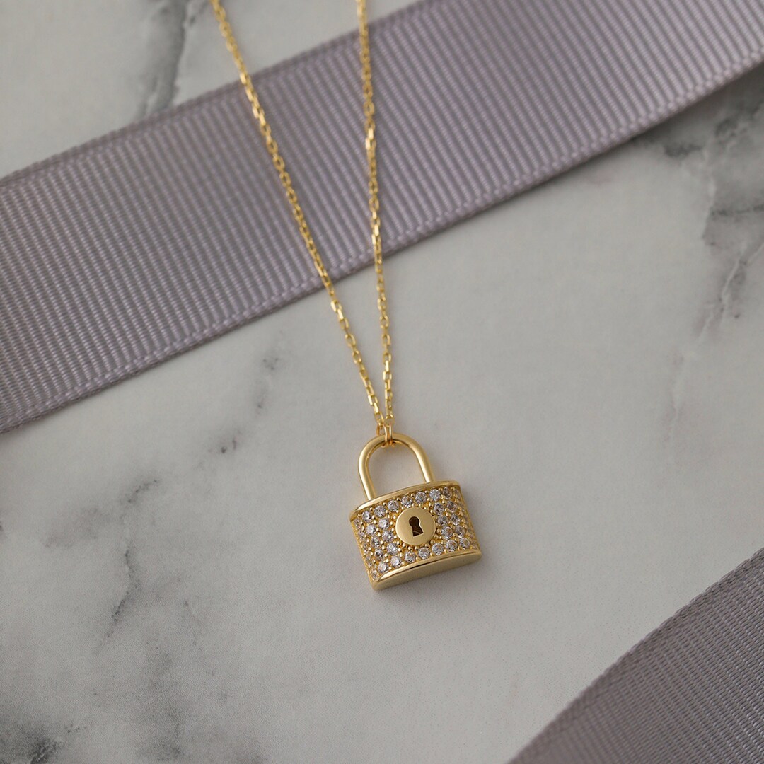 14k Solid Gold Padlock Necklace Love Me Knot Necklace Lock Etsy