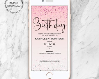 Smartphone Birthday Brunch Invitation, Electronic Invite, iPhone Birthday Invite, Pink Sparkles Birthday Invite, Text Message Invite, Edit