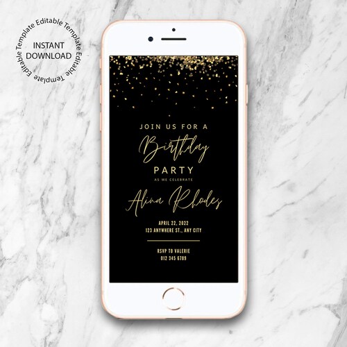 Black Gold Birthday Party Invitation Printable Editable - Etsy
