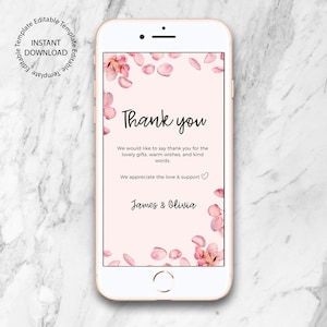 May include: A pink and white digital phone screen with a thank you message. The message reads "Thank you. We would like to say thank you for the lovely gifts, warm wishes, and kind words. We appreciate the love & support. James & Olivia." The background is a pink and white floral pattern.