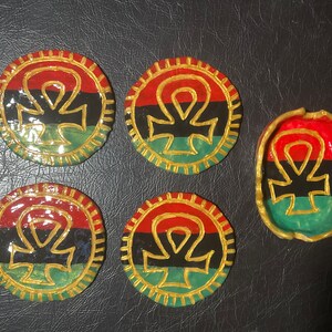 XemHeka Kemet Set of 4 Ankh Coasters with 1 Matching Ashtray Handcrafted Kemetic decor Handmade Ancient Egypt African