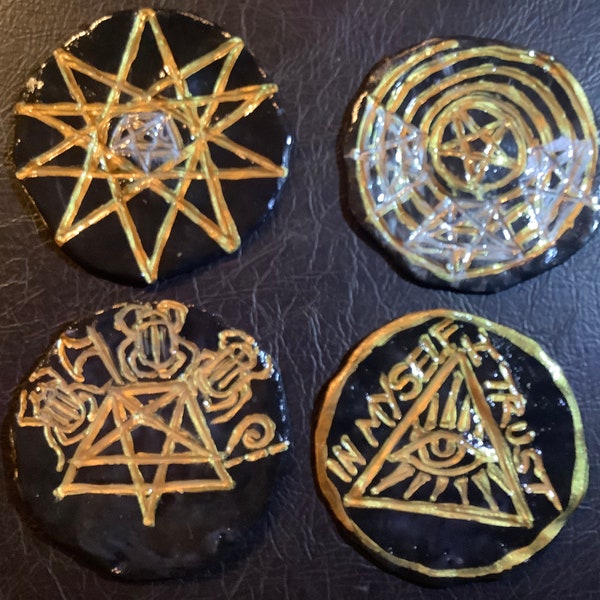 XemHeka Set of 4 Left Hand Path Drink Coasters, handcrafted handmade freehand one-of-a-kind satanic setian luciferian magical