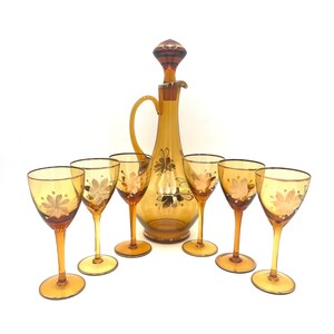 Vintage MCM Romanian Amber Glass Decanter Set Bohemian