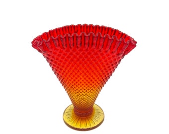 Ventage Fenton Amberina Glass Diamond Point Fan Vase with Ruffled Rim