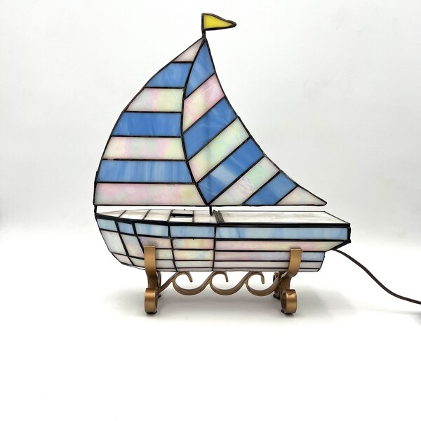 Vintage Stained Glass Sailboat Lamp with Iridescent Panels on Brass Base - Nautical Decor