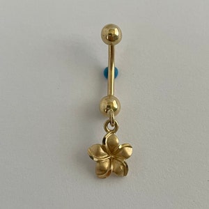 14k Yellow Gold Solid CZ Center Plumeria Flower Belly Button Ring 14k Yellow Gold Solid CZ Center Plumeria Flower Belly Button Ring
