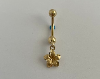 Plumeria Dangle Belly Ring <> Solid 14k Yellow Gold