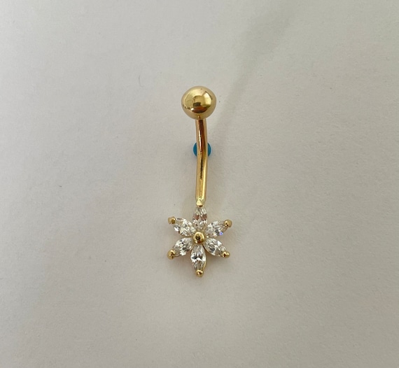14k Yellow Gold Solid CZ Center Plumeria Flower Belly Button Ring 14k Yellow Gold Solid CZ Center Plumeria Flower Belly Button Ring