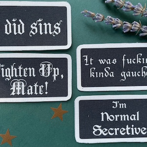 May include: Four rectangular patches with white text on a black background. The phrases include "I did sins", "Tighten Up, Mate!", "It was fucking kinda gauche", and "I'm Normal Secretive". The patches have white borders and are arranged on a green surface with star-shaped embellishments.