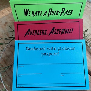 150 Super Hero Hall Passes; Set of 3 School Hall Passes; 150 Hall Passes; Classroom Supplies; MCU-Inspired Hall Passes; Funny Hall Pass