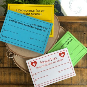 Set of 4 Hall Passes; Nurse Pass; Hall Pass;Paper Hall Pass;Fun Hall Passes; Funny Hall Pass;Classroom Supplies; Nurse hall pass;School Pass