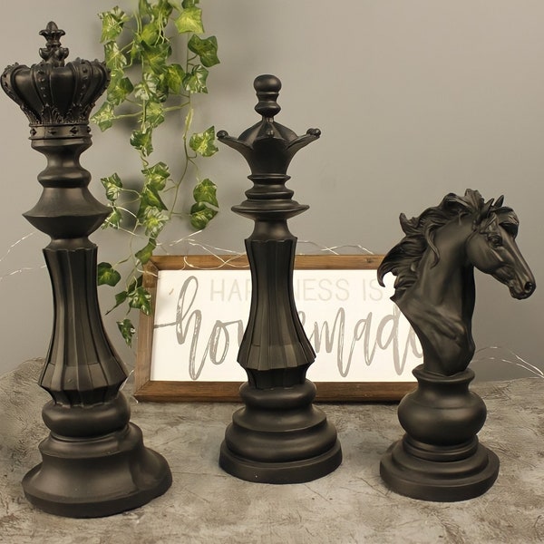 Large Chess Set Sculpture - Handmade Chess Figurines - Black Chess Set Statue - Unique Chess Gift