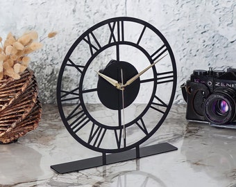 Roman Numeral Tabletop Clock - Black Metal Desktop Clock - Modern Office Decor - Silent Mechanism - 9.8 inches / 25 cm