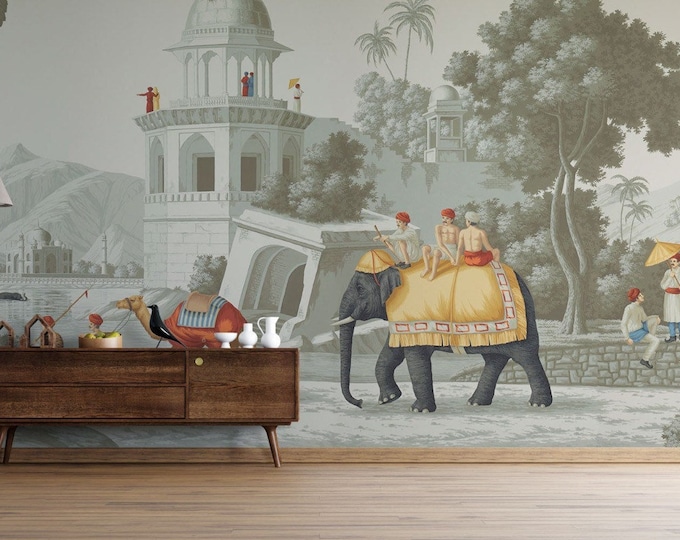 Featured listing image: Indian Elephant Early Morning Wallpaper Mural, India wallpaper, Designer Wall Decal, Personalisable