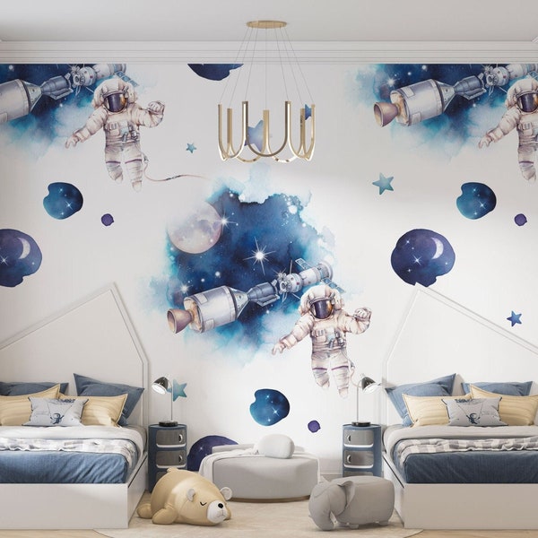 Space Photo Wallpaper, Astronaut Children wallpaper, Galaxy Universe Non-woven Wallpaper, Spaceship Mural, Personalisable