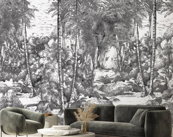 Monochrome Landscape Wallpaper, Vintage Mural, Black and White Tropical Wallpaper, Forest Panorama Mural, Customizable
