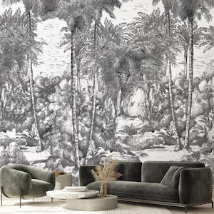 Carta da parati paesaggio monocromatica, murale vintage, carta da parati tropicale in bianco e nero, murale Panorama forestale, personalizzabile
