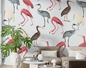 Flamingo mural, removable peel and stick, flamingo decorative wallpaper, fairytale forest wallpaper, temporary wallpaper, personalisable