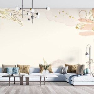 Minimalista Floral Boho Wall Mural, Carta da parati non tessuta in lino dorato Boho, Carta da parati rimovibile ad acquerello, Personalizzabile