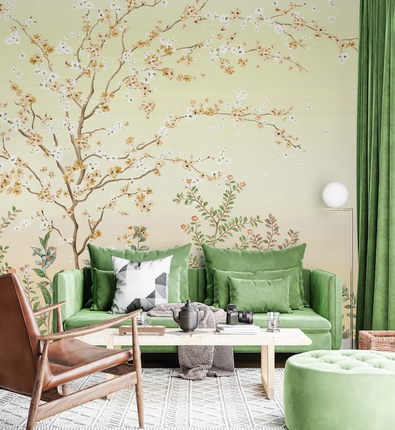 Blumen Tapete, Chinoiserie Blumen Wandkunst, Frühlingsblüte Tapete, Vliestapete, Designer Wandtapete, Personalisierbar
