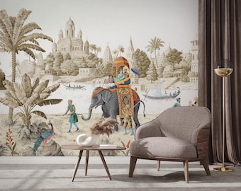 Indian Elephant Early Morning Wallpaper Mural, India wallpaper, Designer Wall Decal, Personalisable