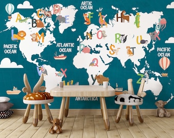 Tapeta z mapą dla dzieci alfabet małych zwierząt, mapa świata do pokoju dziecięcego, fototapeta tapeta z flizeliny, możliwość personalizacji