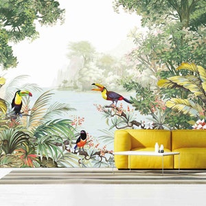 Dschungel Fototapete, Tapete Kinderzimmer Safari, Abnehmbare Tapete, Vogel Wald Tapete, Tucan Wandbild, Personalisierbar