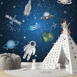 Carta da parati per bambini astronauta spaziale, astronave dell'universo galassia, carta da parati fotografica carta da parati non tessuta, personalizzabile