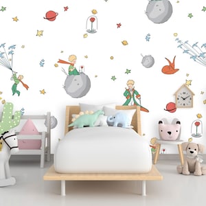 Carta da parati per bambini Il piccolo principe stella, piccolo principe volpe, carta da parati fotografica carta da parati in tessuto non tessuto in colori pastello, personalizzabile