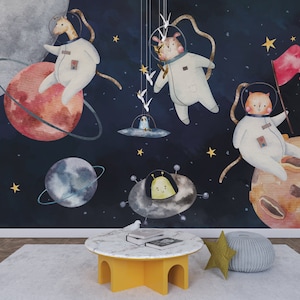 Space Astronaut Kids Wallpaper, Cat Giraffe in Space, Galaxy Universe Spaceship, personalizzabile