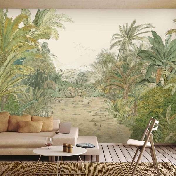 Vintage Jungle Tropical Background Photo Wallpaper, Designer Non-Woven Wallpaper, Customizable
