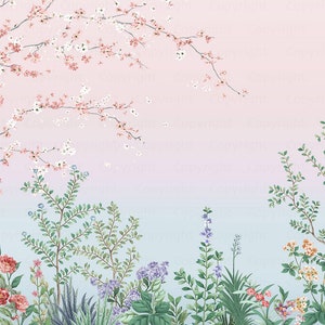 May include: A watercolor painting of a garden scene with pink and white cherry blossoms, green foliage, and a variety of colorful flowers. The background is a gradient of pink and blue.