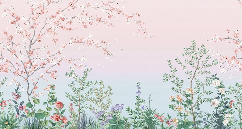 May include: A watercolor painting of a garden scene with pink and white cherry blossoms, green foliage, and a variety of colorful flowers. The background is a gradient of pink and blue.