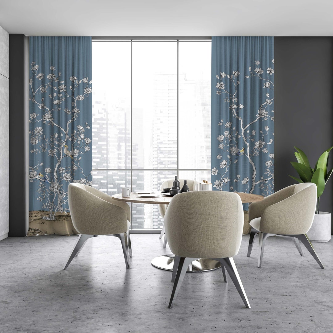 Chinoiserie Spring Blossom Cherry Tree Curtains, Emerald Green Curtains ...
