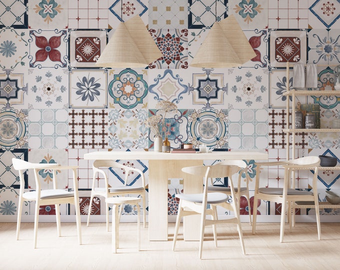 Featured listing image: Moroccan Tile Wall Mural, Oriental Ceramic Wall Mural, Vintage Mandala Wall Mural, Customizable