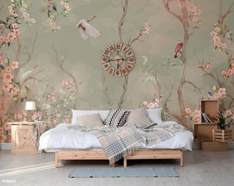Spring flowers, bird, chinoiserie, tree, vintage non-woven wallpaper, pastel wall covering, customizable