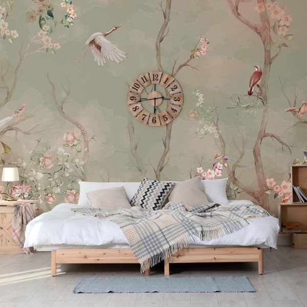 Frühlingsblumen Vogel Chinoiserie Baum, Vintage Vliestapete, Pastell Wandtapete, Personalisierbar