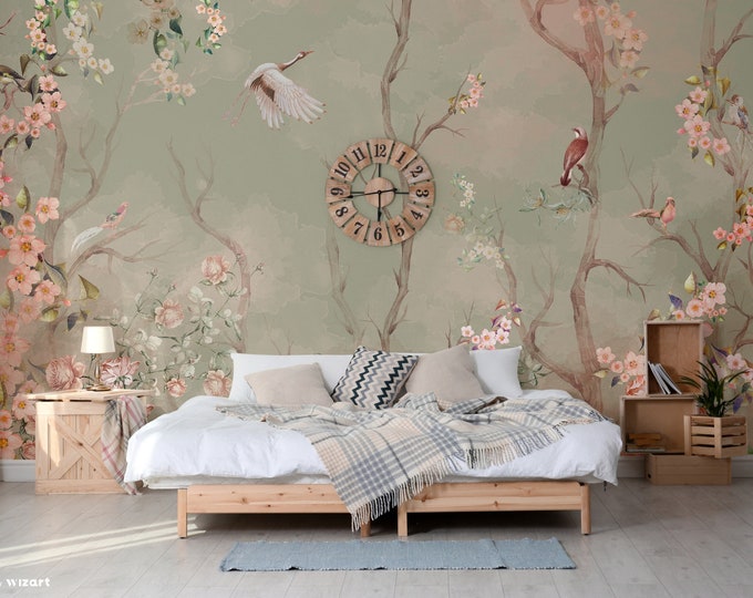 Featured listing image: Spring Flowers Bird Chinoiserie Tree, Vintage Non-Woven Wallpaper, Pastel Wall Mural, Customizable