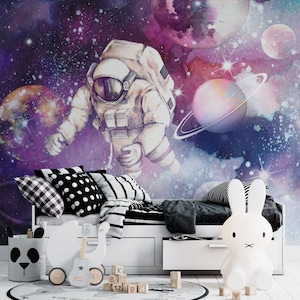 Carta da parati per bambini astronauta spaziale, sfondo colorato astronave universo galassia, murale carta da parati non tessuta, personalizzabile
