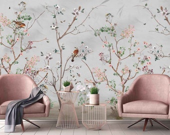 Avignon Chinoiserie Mural, Spring Blossom Wallpaper, Cherry Tree Non-woven Wallpaper, Personalizable