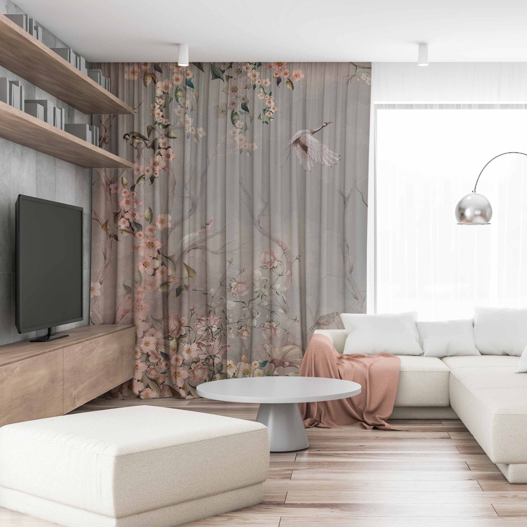 Spring Blossom Cherry Tree Chinoiserie Bird Curtain, Floral Curtains ...