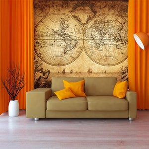Papel pintado de mapa del mundo vintage, papel pintado no tejido de cartel antiguo, mapa del mundo antiguo, papel pintado de pared de diseñador, personalizable