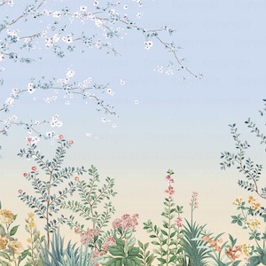 May include: A watercolor painting of a floral garden scene with a light blue sky. The garden features a variety of flowers and plants, including white blossoms, pink flowers, and green leaves. The sky is a gradient of light blue and pale yellow.