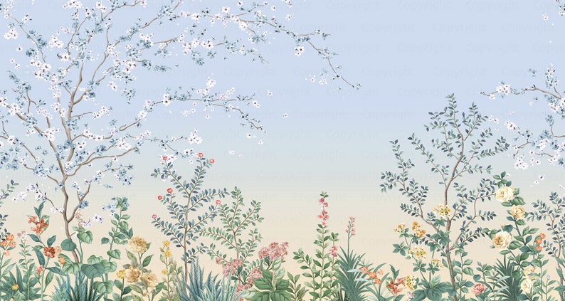 May include: A watercolor painting of a floral garden scene with a light blue sky. The garden features a variety of flowers and plants, including white blossoms, pink flowers, and green leaves. The sky is a gradient of light blue and pale yellow.