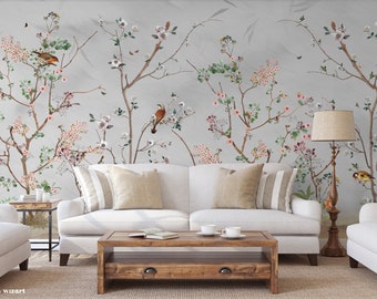 Avignon Chinoiserie Mural, Spring Blossom Wallpaper, Cherry Tree Non-woven Wallpaper, Personalizable
