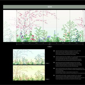 May include: A floral wallpaper mural with a delicate design featuring pink and white blossoms, green leaves, and a variety of flowers. The mural is divided into five panels, each measuring 110 cm wide. The wallpaper is part of the "Fly" mural collection.