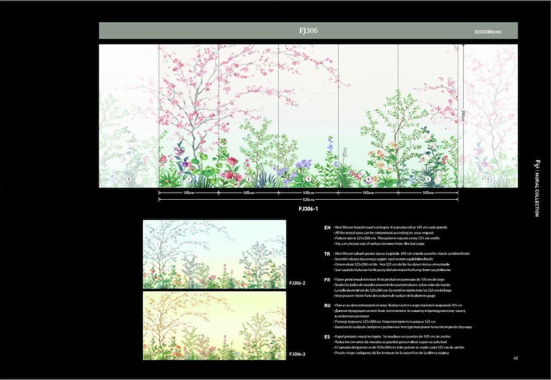 May include: A floral wallpaper mural with a delicate design featuring pink and white blossoms, green leaves, and a variety of flowers. The mural is divided into five panels, each measuring 110 cm wide. The wallpaper is part of the "Fly" mural collection.
