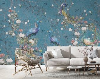 Frühlingsblüte Chinoiserie Pfau Blaue Hintergrund, Fototapete, Glatt Vliestapete, Wandtapete, Personalisierbar