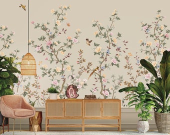 Spring Chinoiserie Wallpaper, Watercolor Peony Tree Wall Mural, Vintage Wallpaper with Birds Floral, Wall Mural, Japanese Mural, Removable