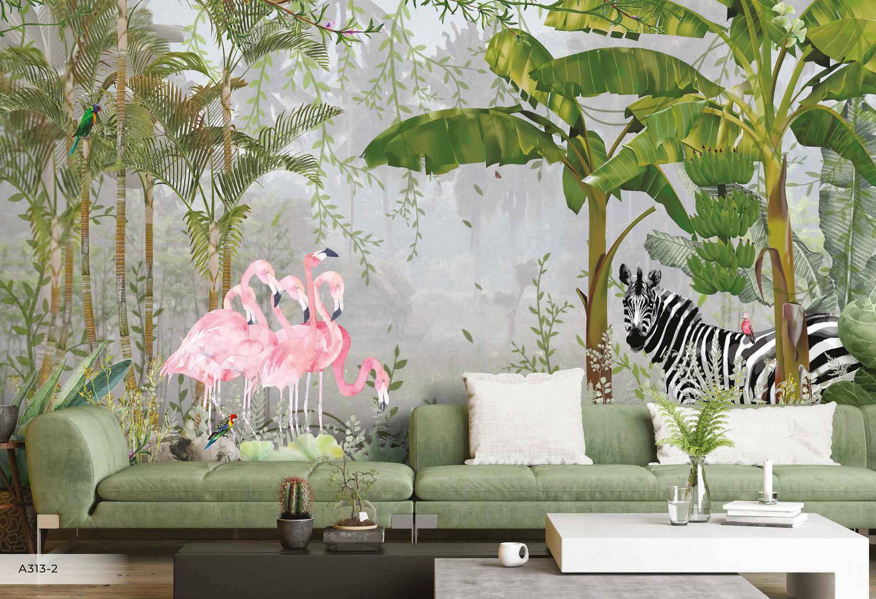 Jungle Wallpaper With Zebra Flamingo Parrot Non-woven - Etsy Jungle Wallpaper With Zebra Flamingo Parrot Non-woven - Etsy